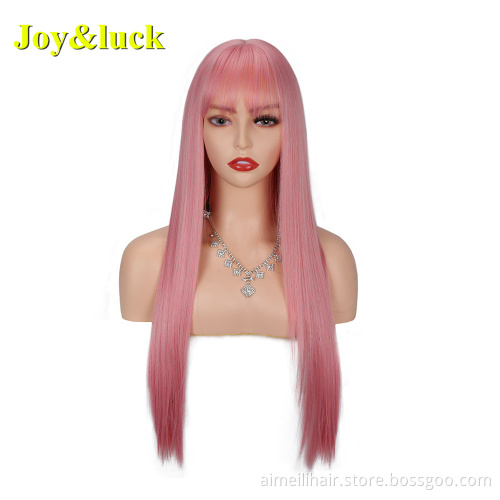 Wholesale Prices Wine Red Color Wig For Women Party Or Cosplay Natural Long Straight With Bangs Soft Synthetic Ladies Hair Wigs
